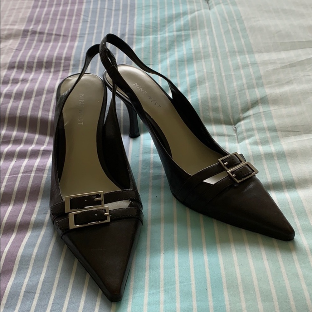 Nine West Brown Leather Slingback Kitten Heels
